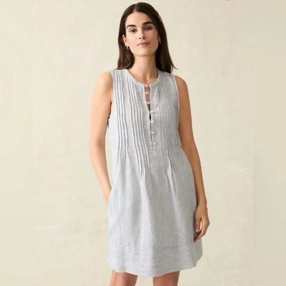 Faherty Isha 100% Linen Mini Dress Blue White Striped Sleeveless Size Small - Picture 3 of 8
